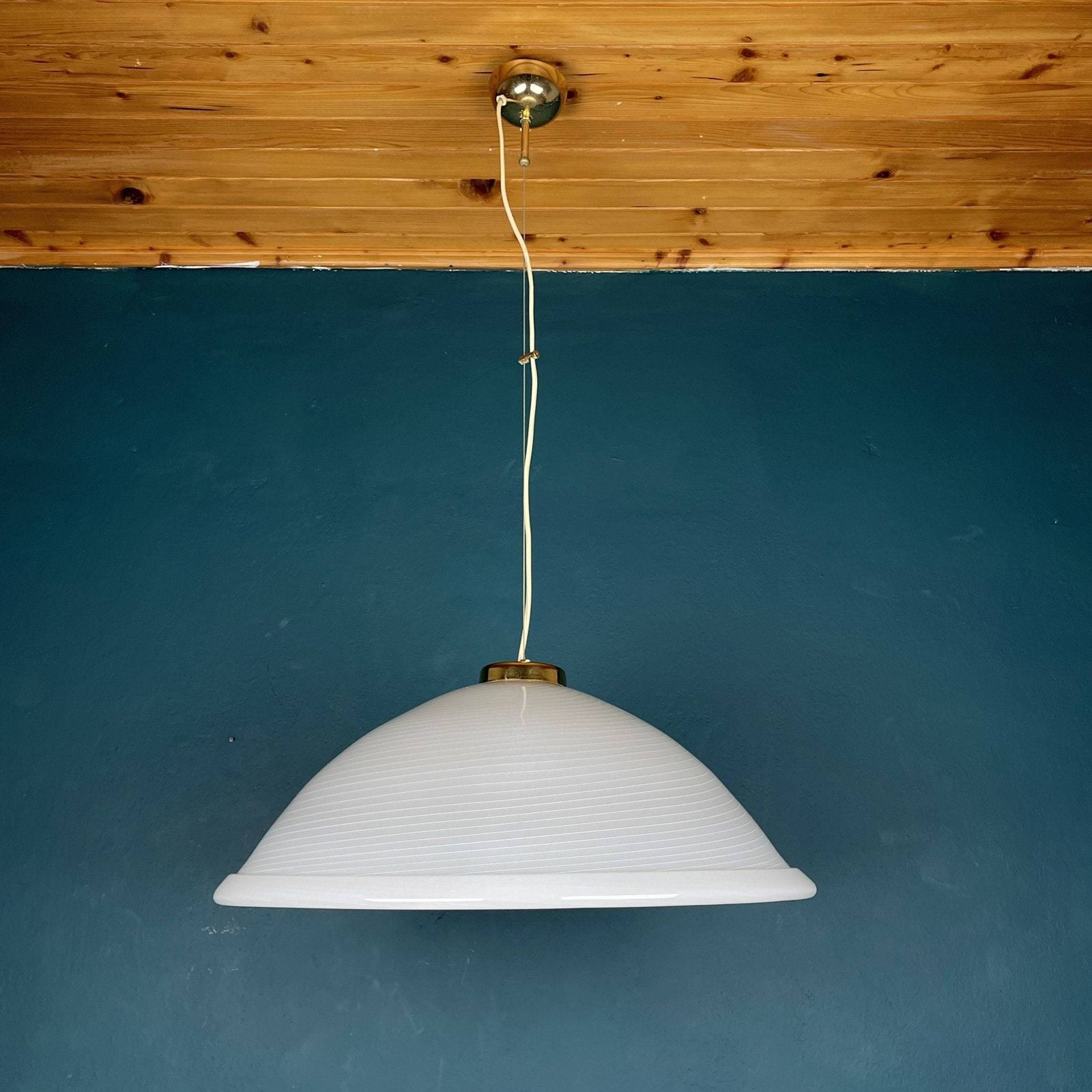 photo for sale Vintage Large Swirl Murano Glass Pendant Lamp Italy 80s White Mid Century Lighting Vintage Murano Chandelier