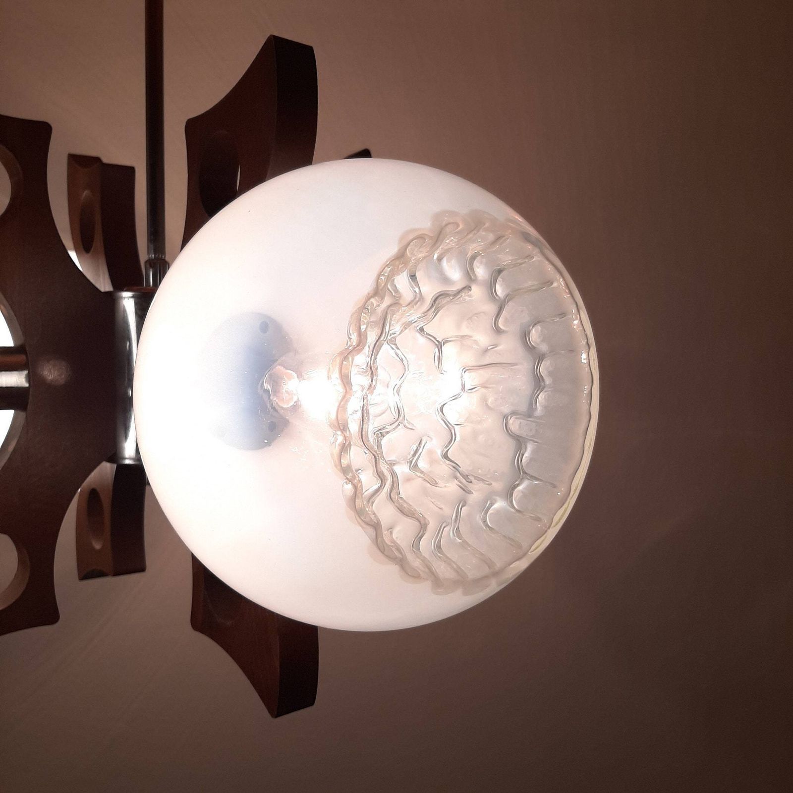 Mid Century Design Mazzega Murano Glass Pendant Lamp 70s Yugoslavia Space Age White Murano Art Glass Bowls photo for sale