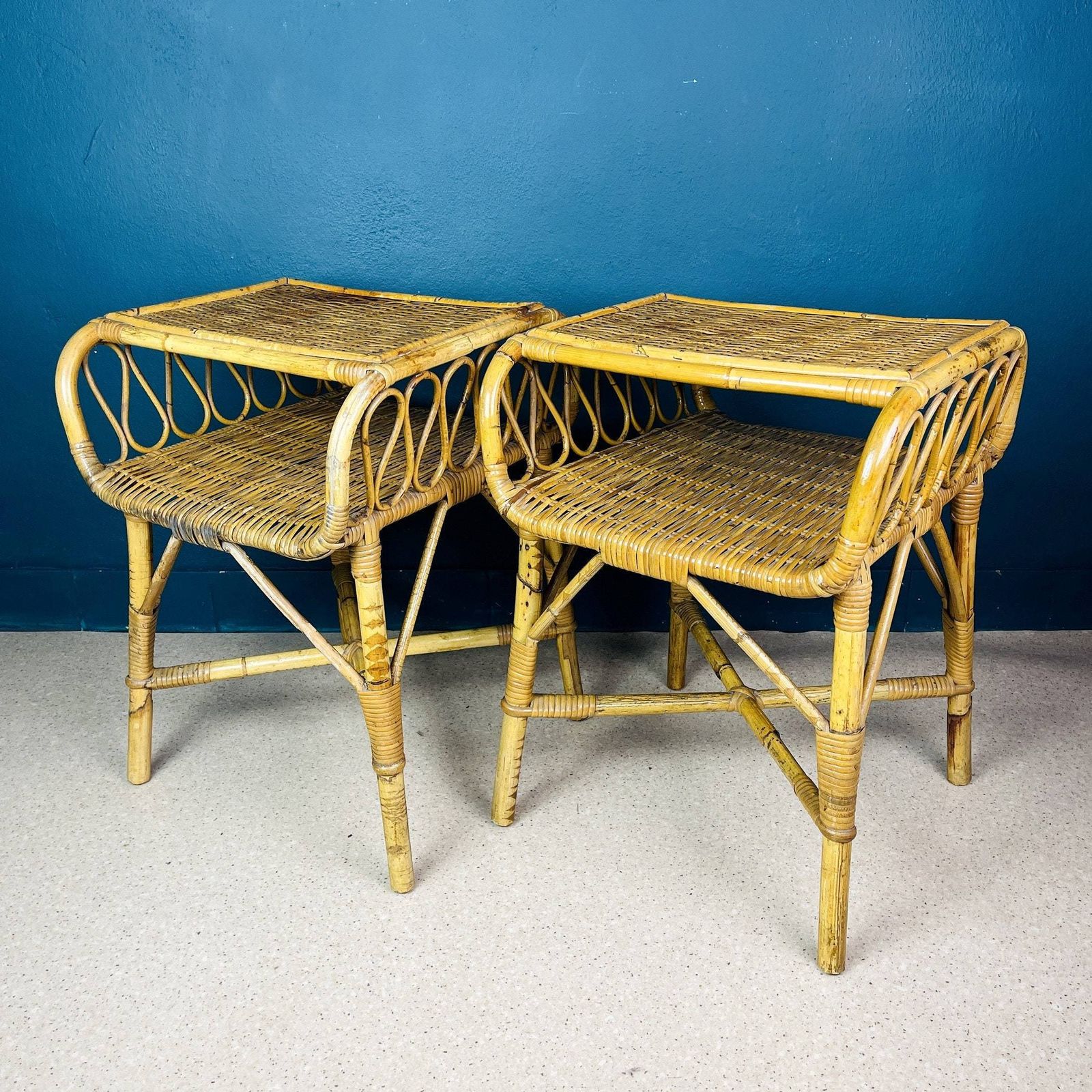 Pair Of Vintage Bamboo Nightstands Bedside Tables Italy 1960s End Table Night Side Furniture Modern Tiki Boho Chic Bohemian Rattan Wicker photo for sale
