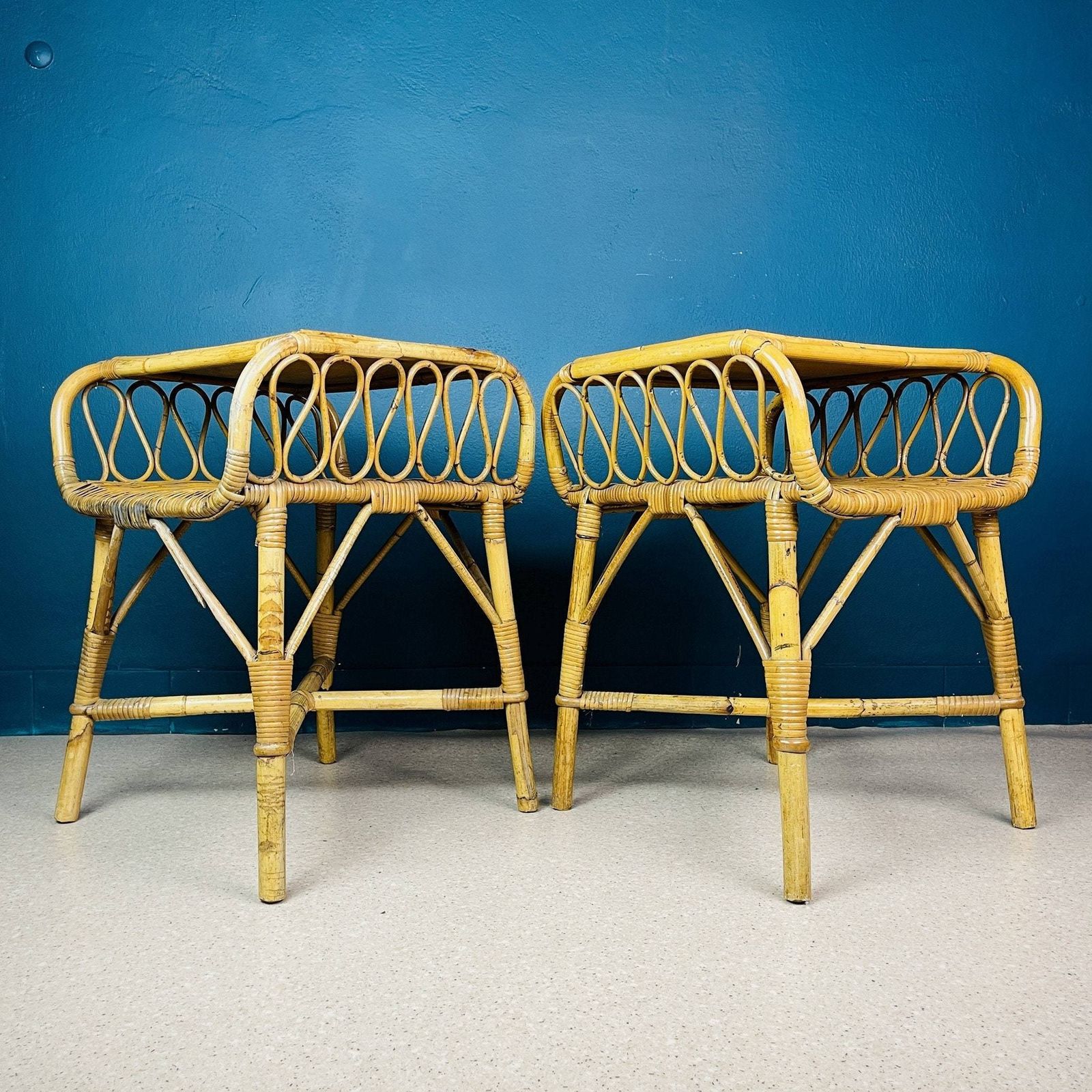 Pair Of Vintage Bamboo Nightstands Bedside Tables Italy 1960s End Table Night Side Furniture Modern Tiki Boho Chic Bohemian Rattan Wicker photo vinterior
