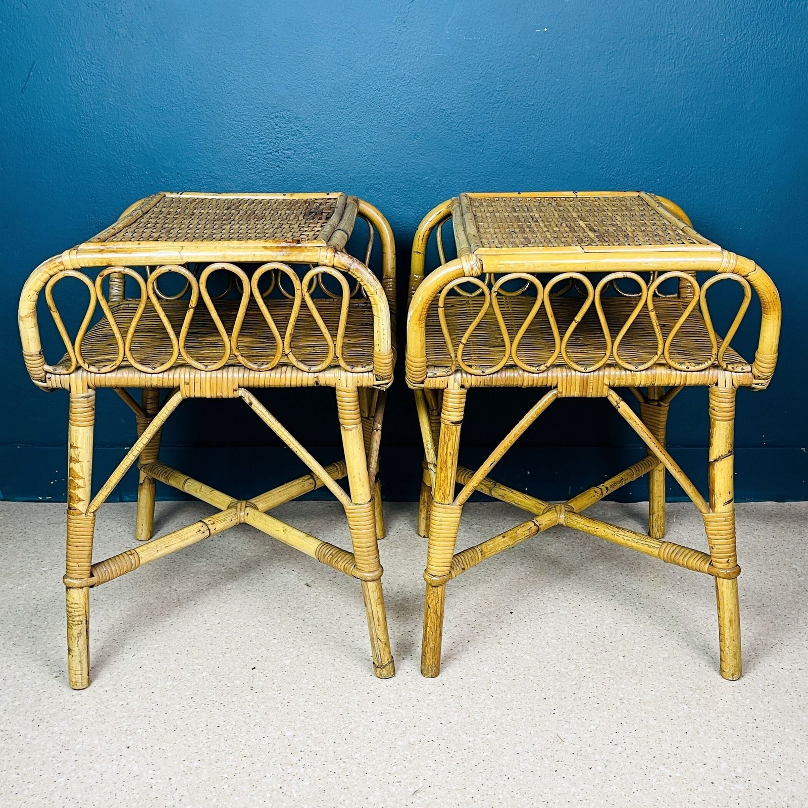 Pair Of Vintage Bamboo Nightstands Bedside Tables Italy 1960s End Table Night Side Furniture Modern Tiki Boho Chic Bohemian Rattan Wicker photo vintage