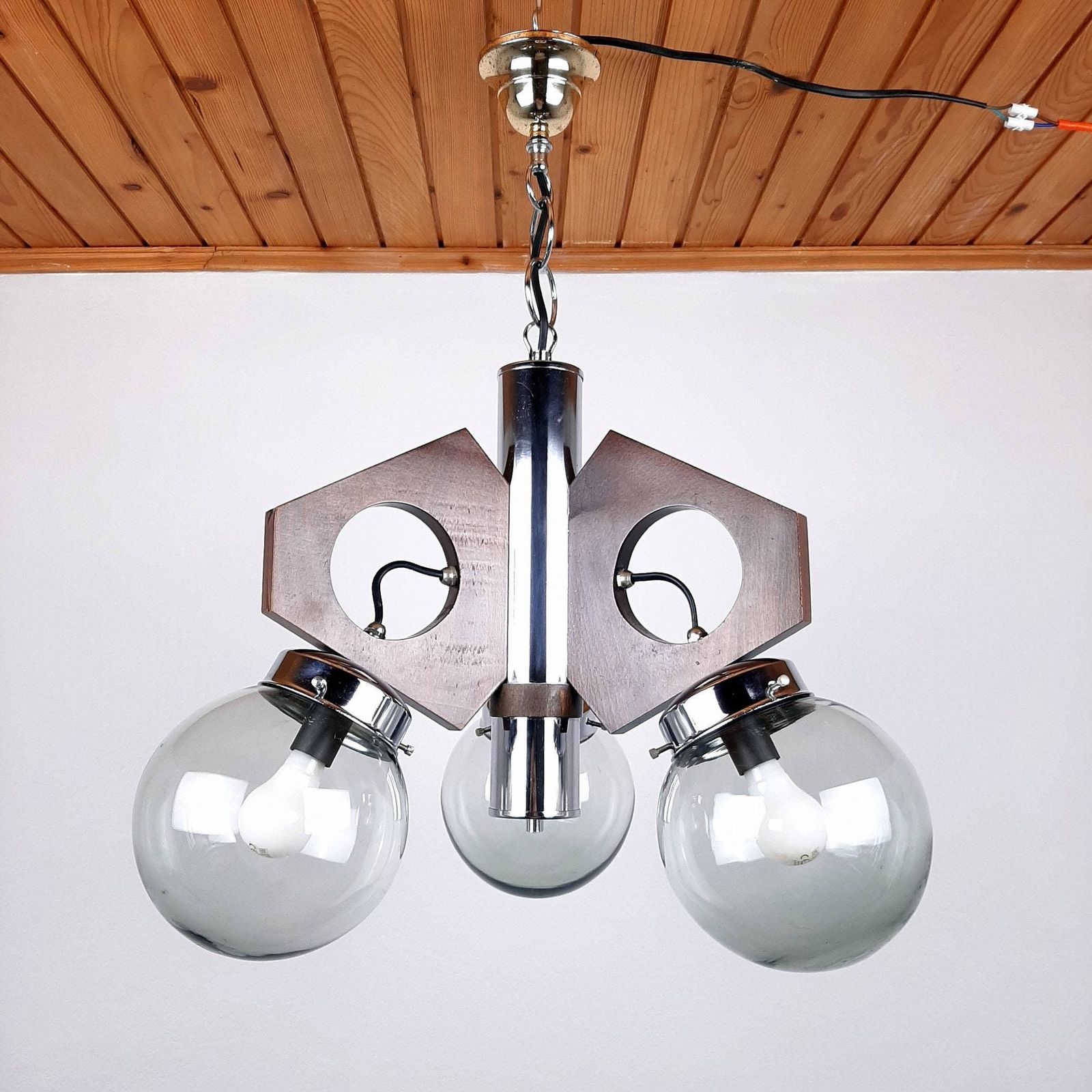 photo for sale Mid Century Pendant Lamp Yugoslavia 70s Wood Glass Metal Geometric Chandelier Three Bulbs Chandelier Smoky Glass Space Age