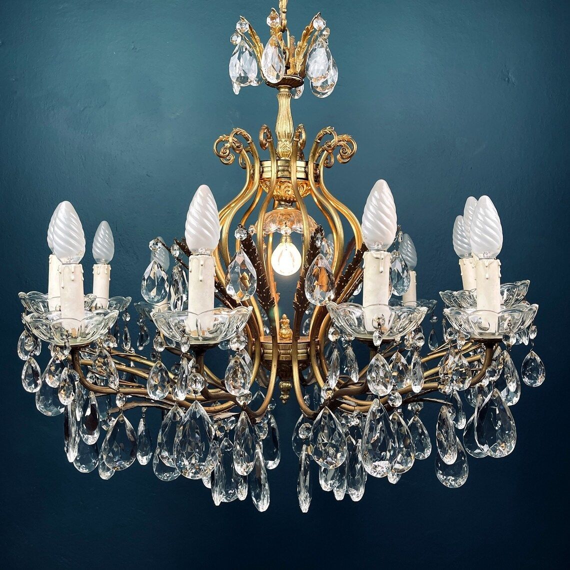 Xl Vintage Crystal Chandelier Italy 1950s Hollywood Regency Antique Vintage Chandelier Brass Lamp photo vintage