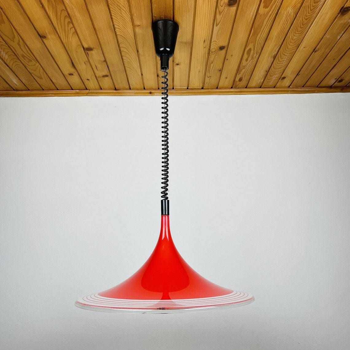 Mid Century Red Plastic Pendant Lamp Albatros Meblo Yugoslavia 1970s Space Age Atomic photo vintage