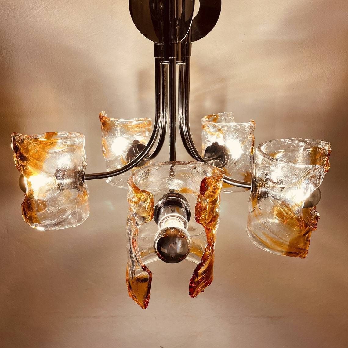 Mid Century Amber Murano Chroom Hanglamp Mazzega Door Toni Zuccheri, Italië, Jaren 1970, Space Age Sputnik Atomic Design photo for sale