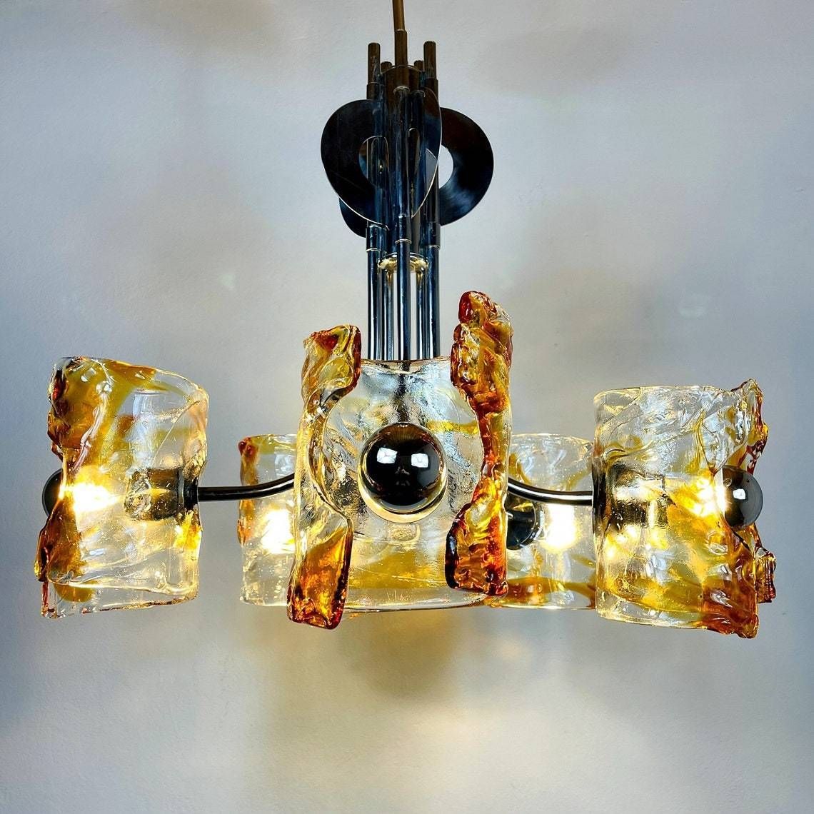 Mid Century Amber Murano Chrome Chandelier Mazzega By Toni Zuccheri Italy 1970s Space Age Sputnik Atomic Design photo 1409.0