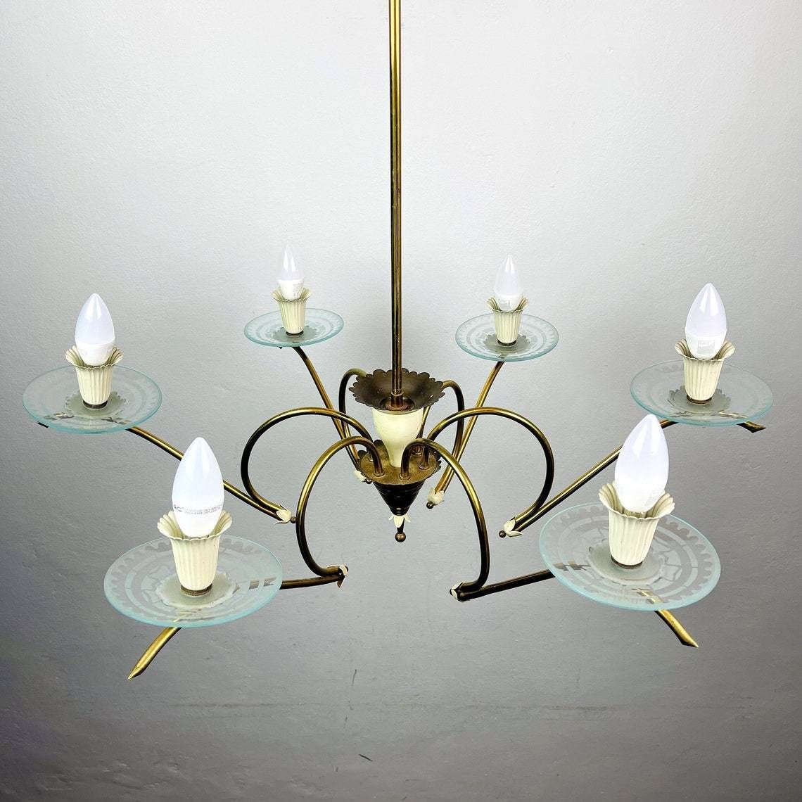 Mid Century Chandelier Spider Chandelier By Pietro Chiesa For Fontana Arte Italy 1940s Romantic Chandelier Brass And Glass Ceiling Light photo for sale