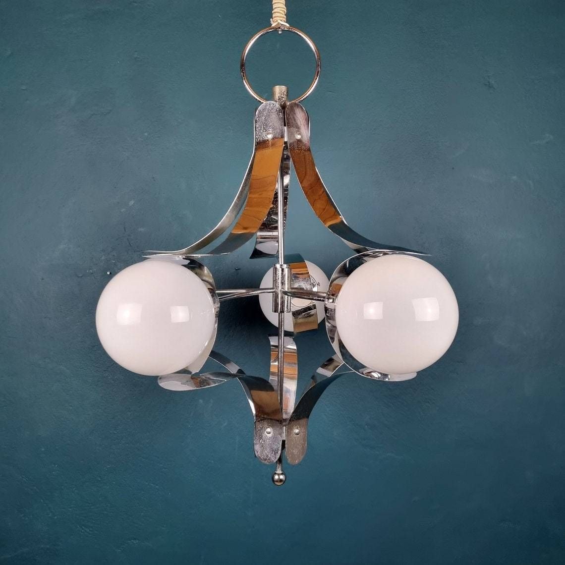 Mid Century Metal Opaline Glass Italy 1960s Sputnik Space Age Vintage Italian Lighting photo for sale