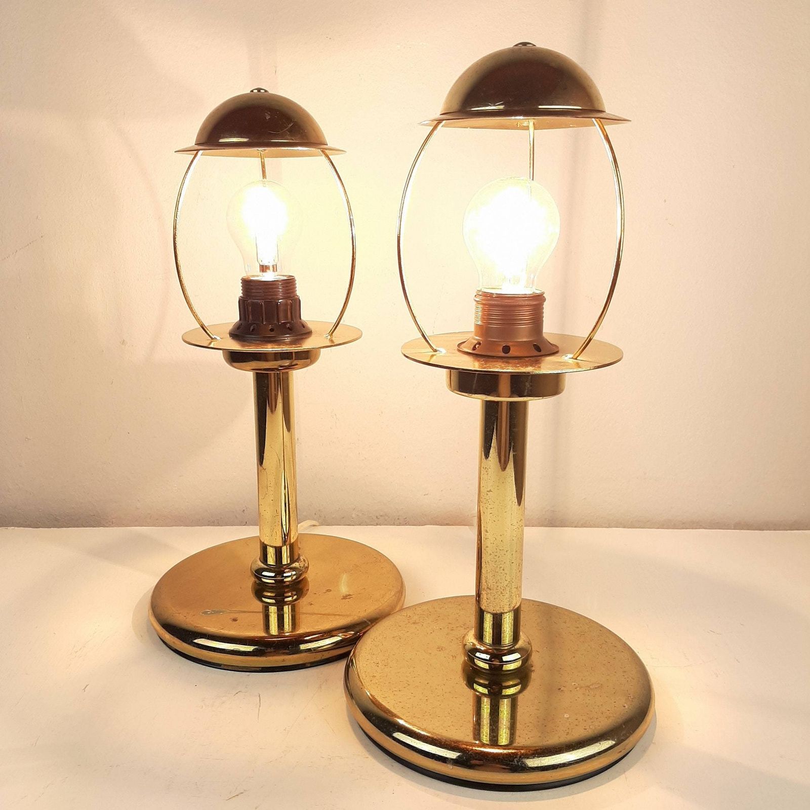 Pair Of Retro Gold Metal Table Lamp Sijaj Hrastnik Yugoslavia 1970s Mid Century Night Light Art Deco Lighting