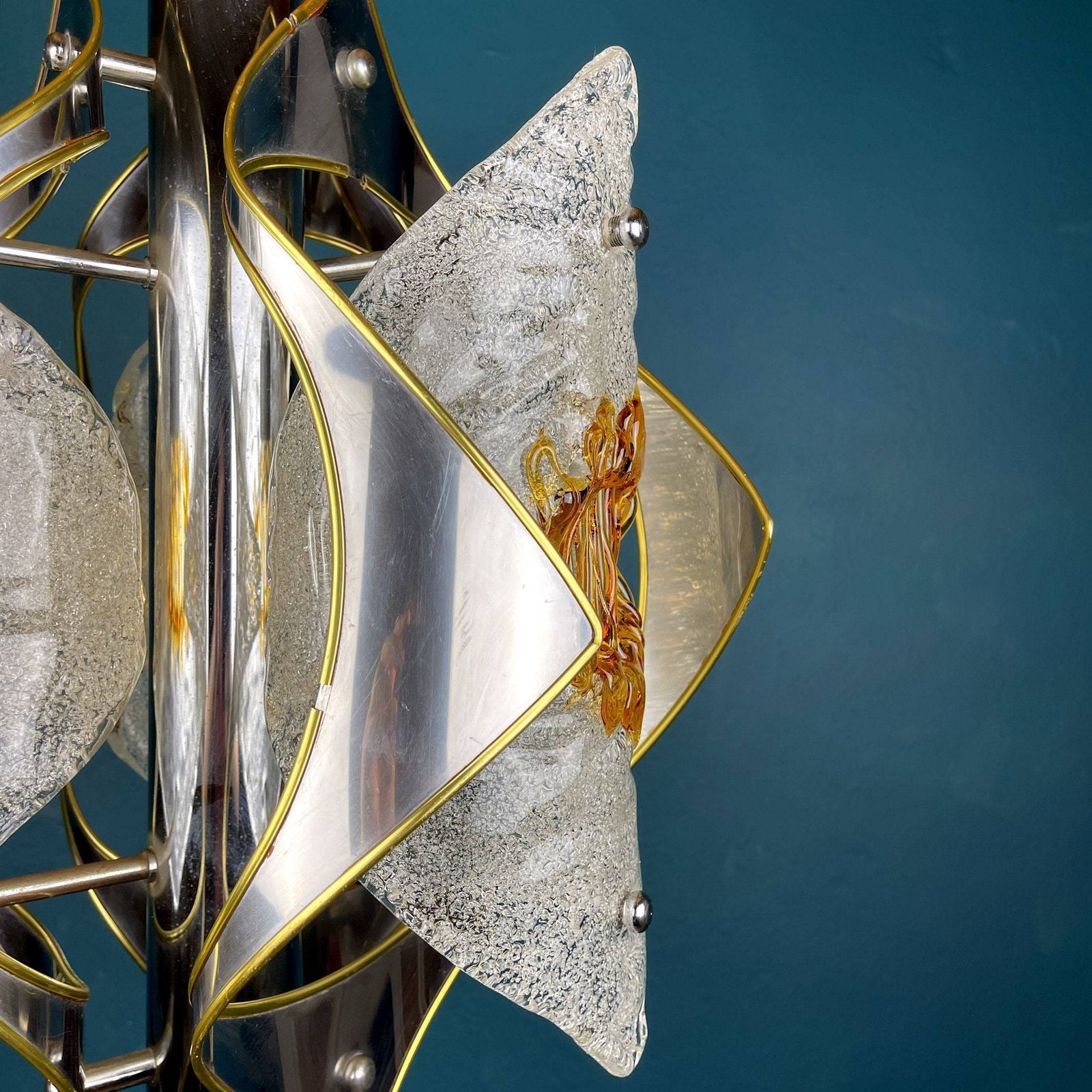 Mid Century Amber Murano Chrome Chandelier Mazzega By Toni Zuccheri Italy 1970s Space Age Sputnik Atomic Design photo for sale