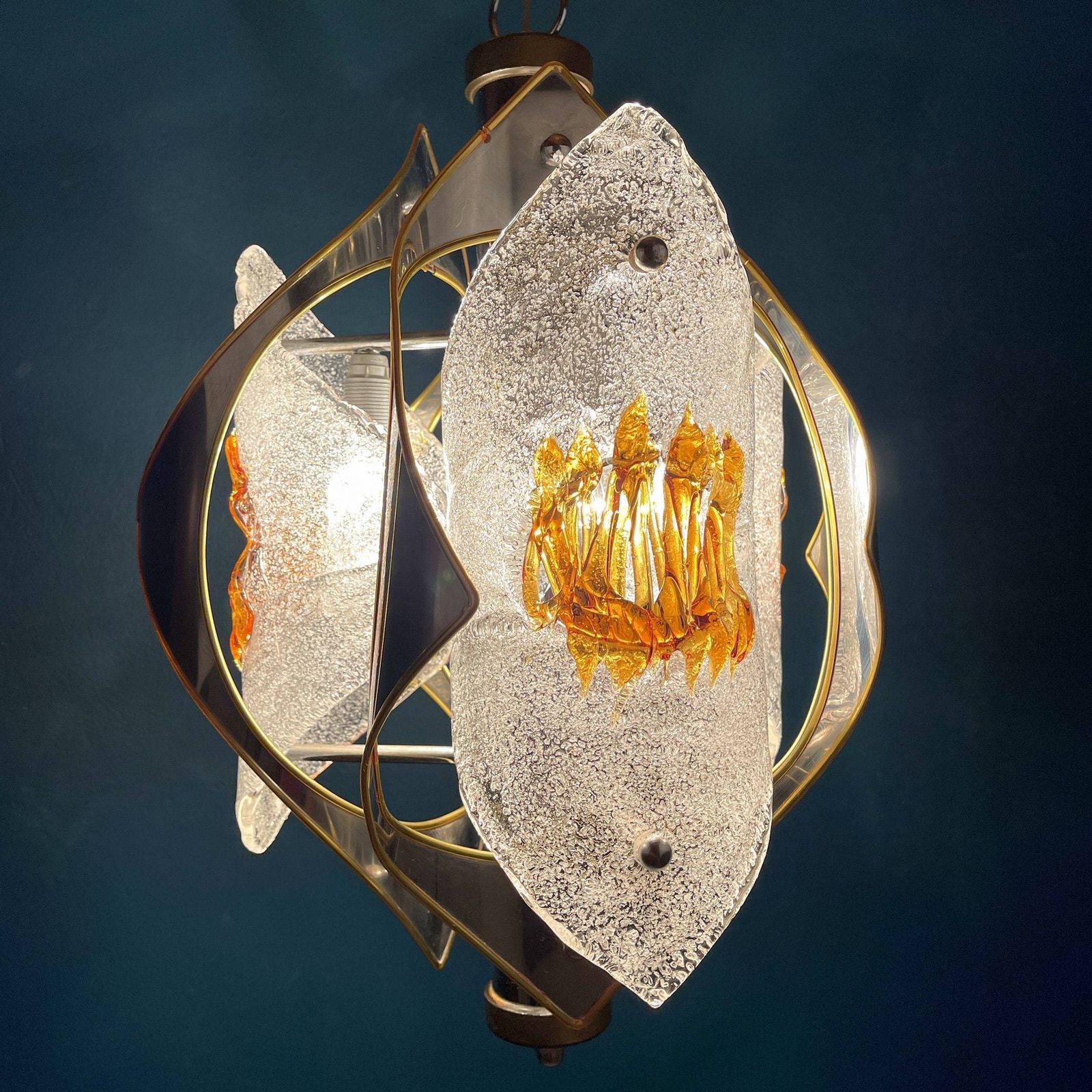 Mid Century Amber Murano Chrome Chandelier Mazzega By Toni Zuccheri Italy 1970s Space Age Sputnik Atomic Design photo Lighting