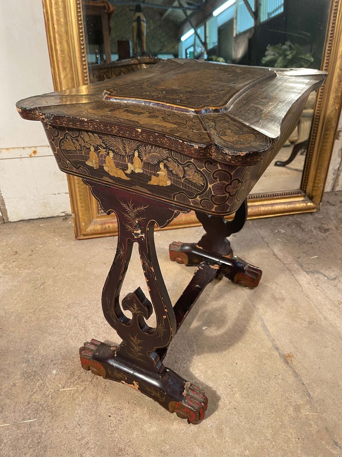 Stunning Antique Regency Ebonised Chinoiserie Ladies Work/Sewing Stand Box Circa 1820