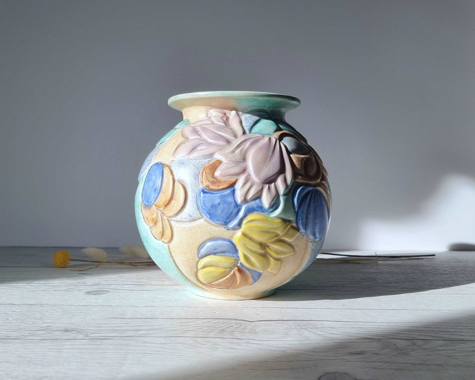 Beswick Pottery, Art Deco Satin Matt Sherbet Palette Glaze Carved Globe Vase, British, 1930 40s photo vintage