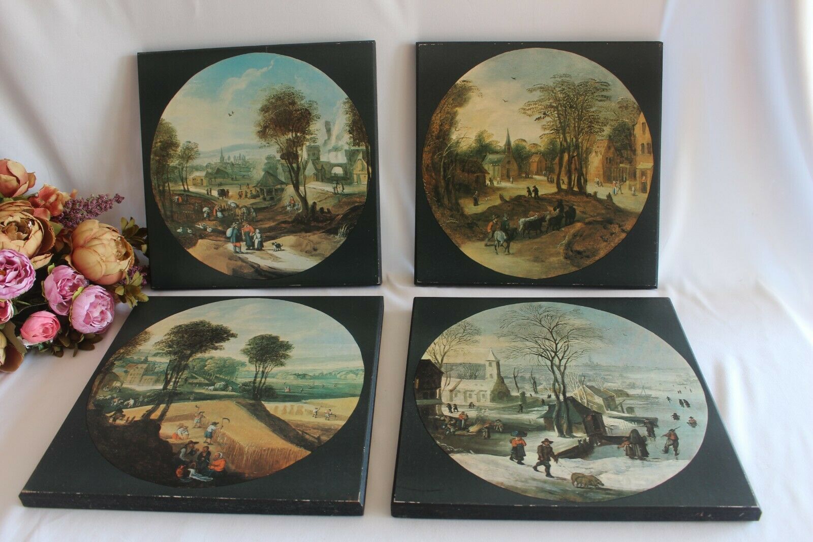Vintage 19th C. Handcrafted Set Of 4 Wooden Old Villages Print Art Work 30 Cm