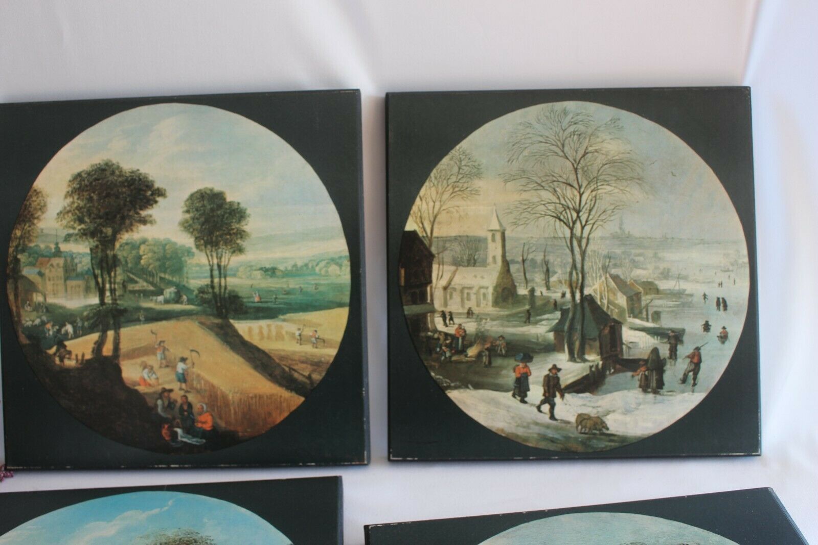 Vintage 19th C. Handcrafted Set Of 4 Wooden Old Villages Print Art Work 30 Cm photo for sale