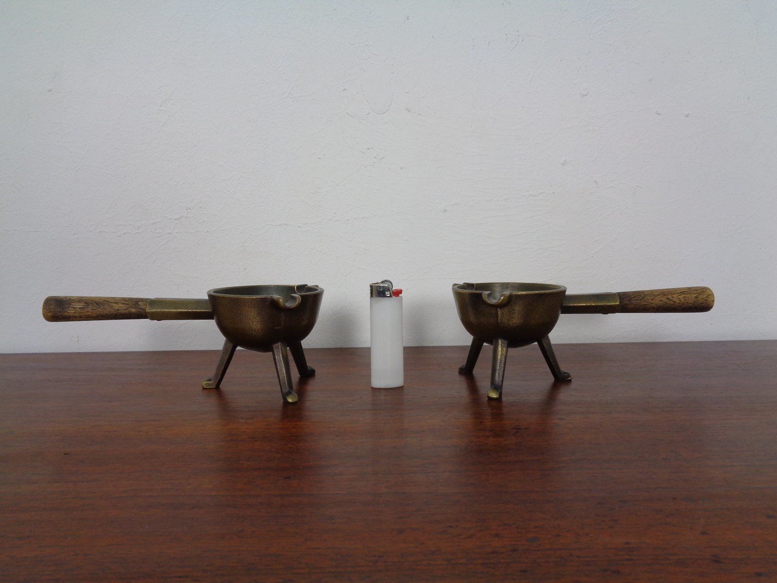 Mid Century Brass & Oak Ashtrays, 1960s, Set Of 2 photo furniture