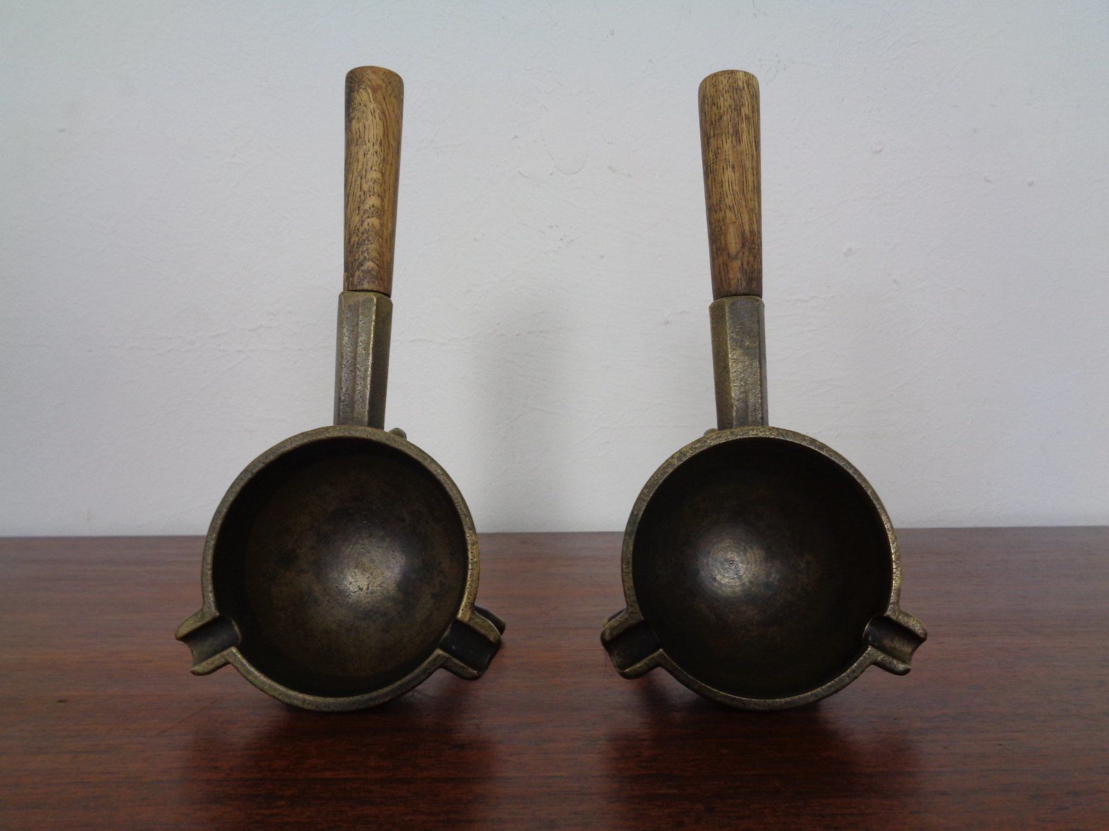 Mid Century Brass & Oak Ashtrays, 1960s, Set Of 2 photo buy