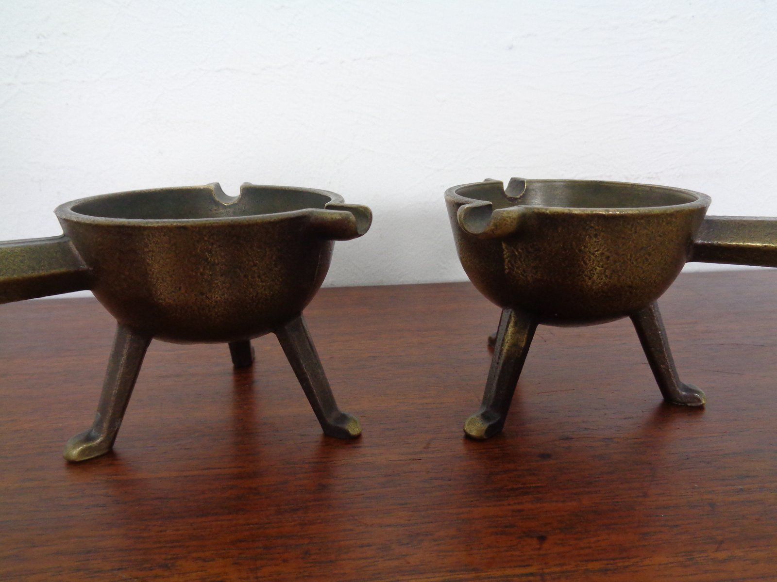 photo for sale Mid Century Brass & Oak Ashtrays, 1960s, Set Of 2