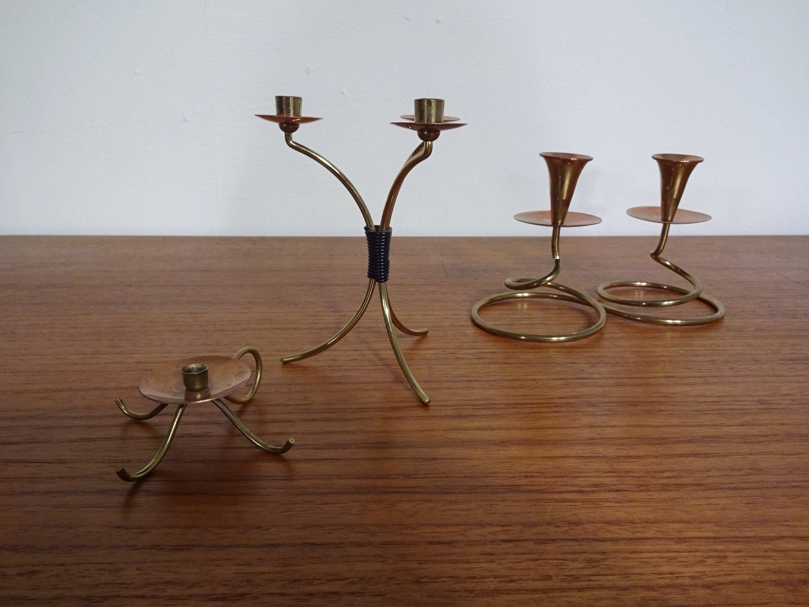 German Filigree Brass And Copper Candleholders 1960s Set Of 3 photo buy