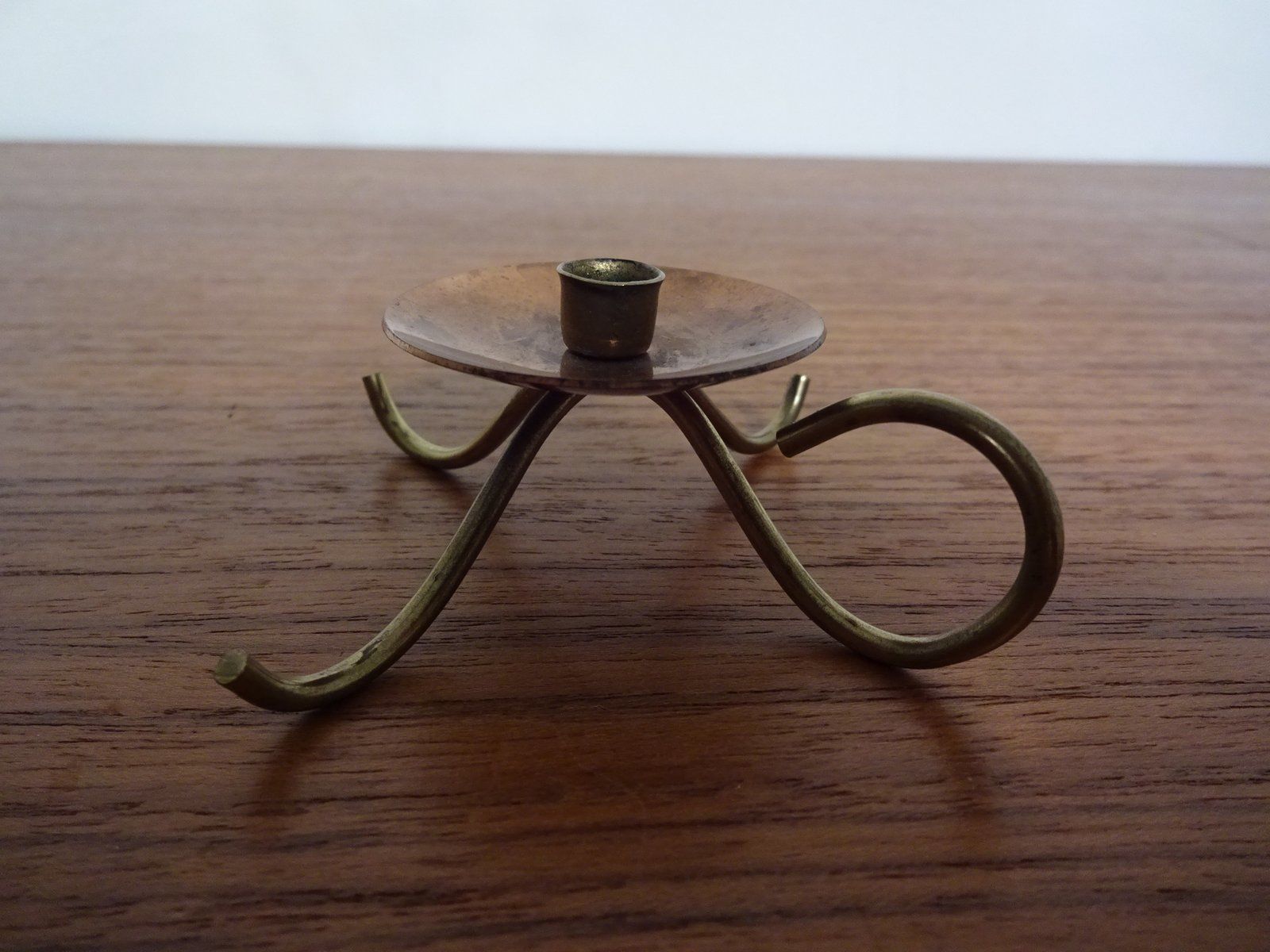 photo for sale German Filigree Brass And Copper Candleholders 1960s Set Of 3