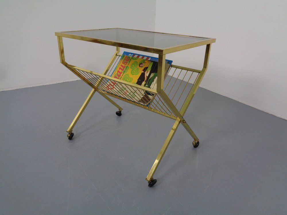 photo for sale French Brass & Glass Cart With Magazine Rack, 1960s