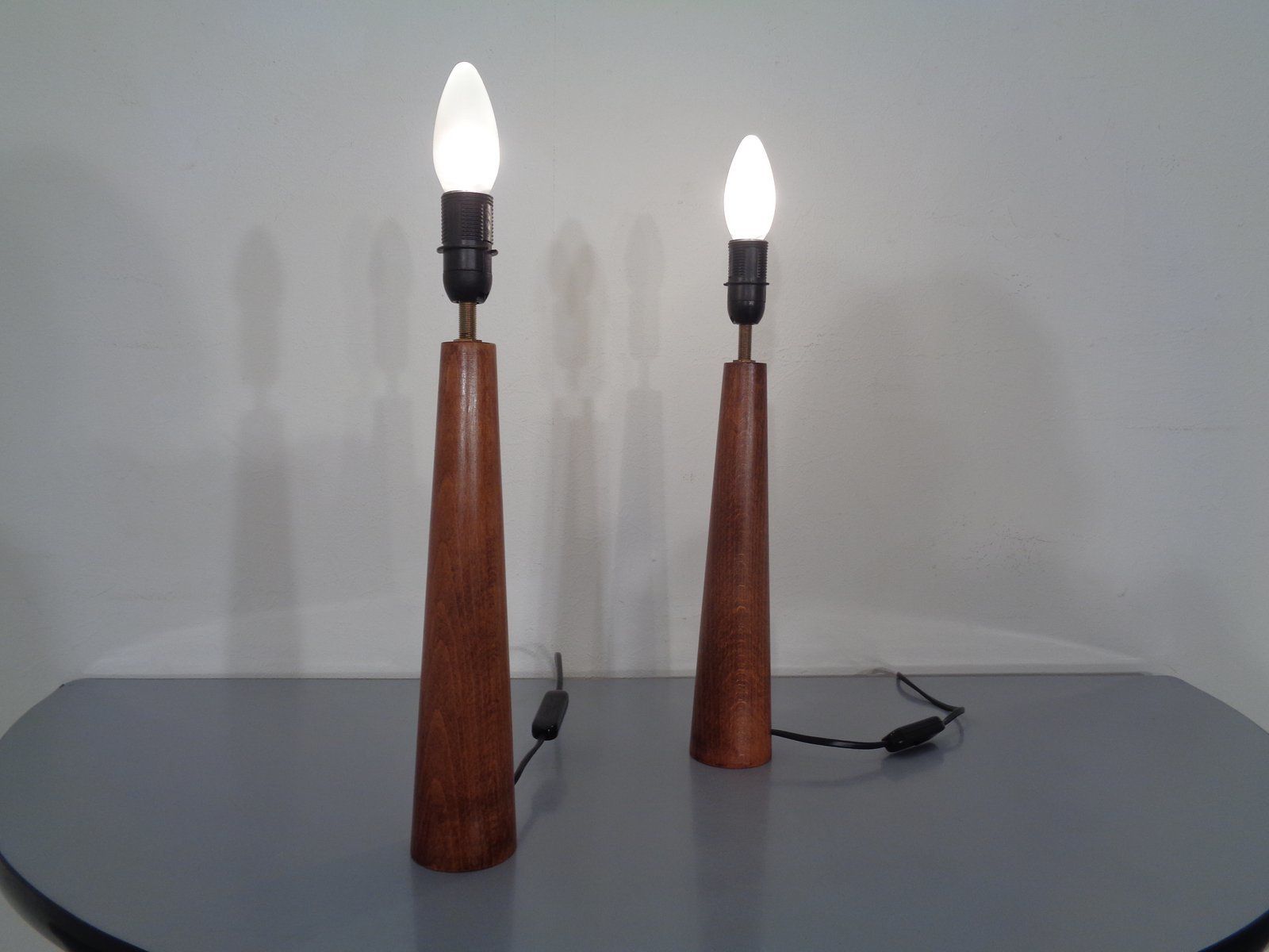 photo for sale Mid Century Filigree Danish Teak Table Lamps, 1950s, Set Of 2