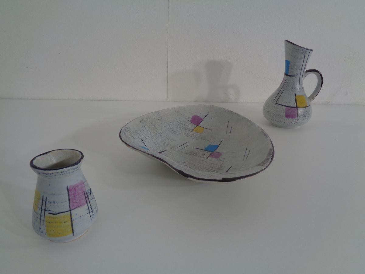 Ceramic Vases & Bowl By Bodo Mans For Bay Keramik, 1950s, Set Of 3 photo for sale
