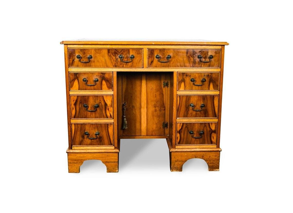 Antique Queen Anne Style Burr Wood Double Pedestal Kneehole Desk With Key photo furniture