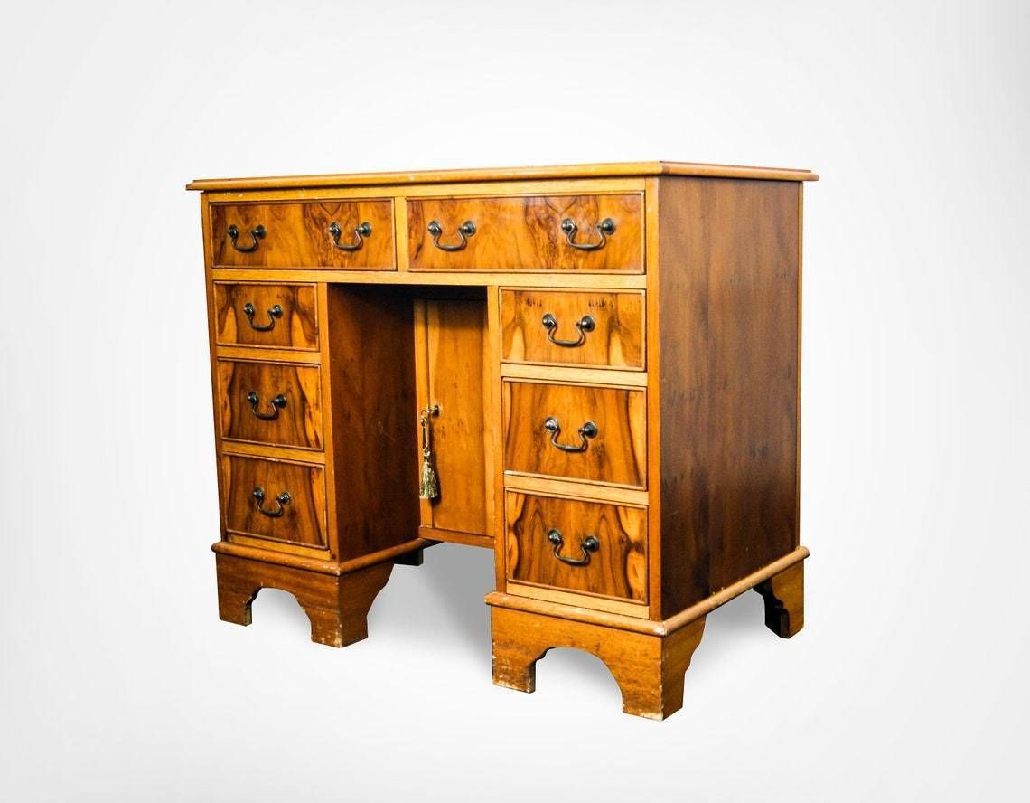 Antique Queen Anne Style Burr Wood Double Pedestal Kneehole Desk With Key photo for sale