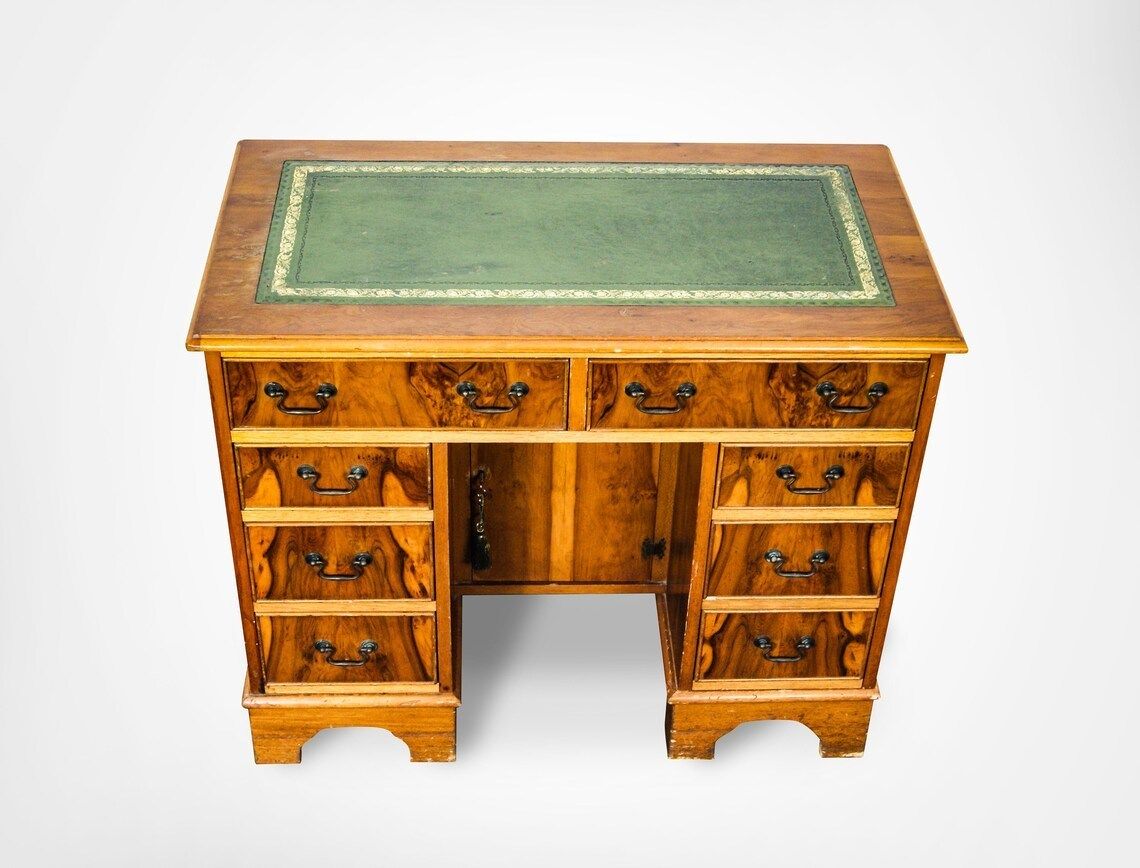 Antique Queen Anne Style Burr Wood Double Pedestal Kneehole Desk With Key photo Furniture