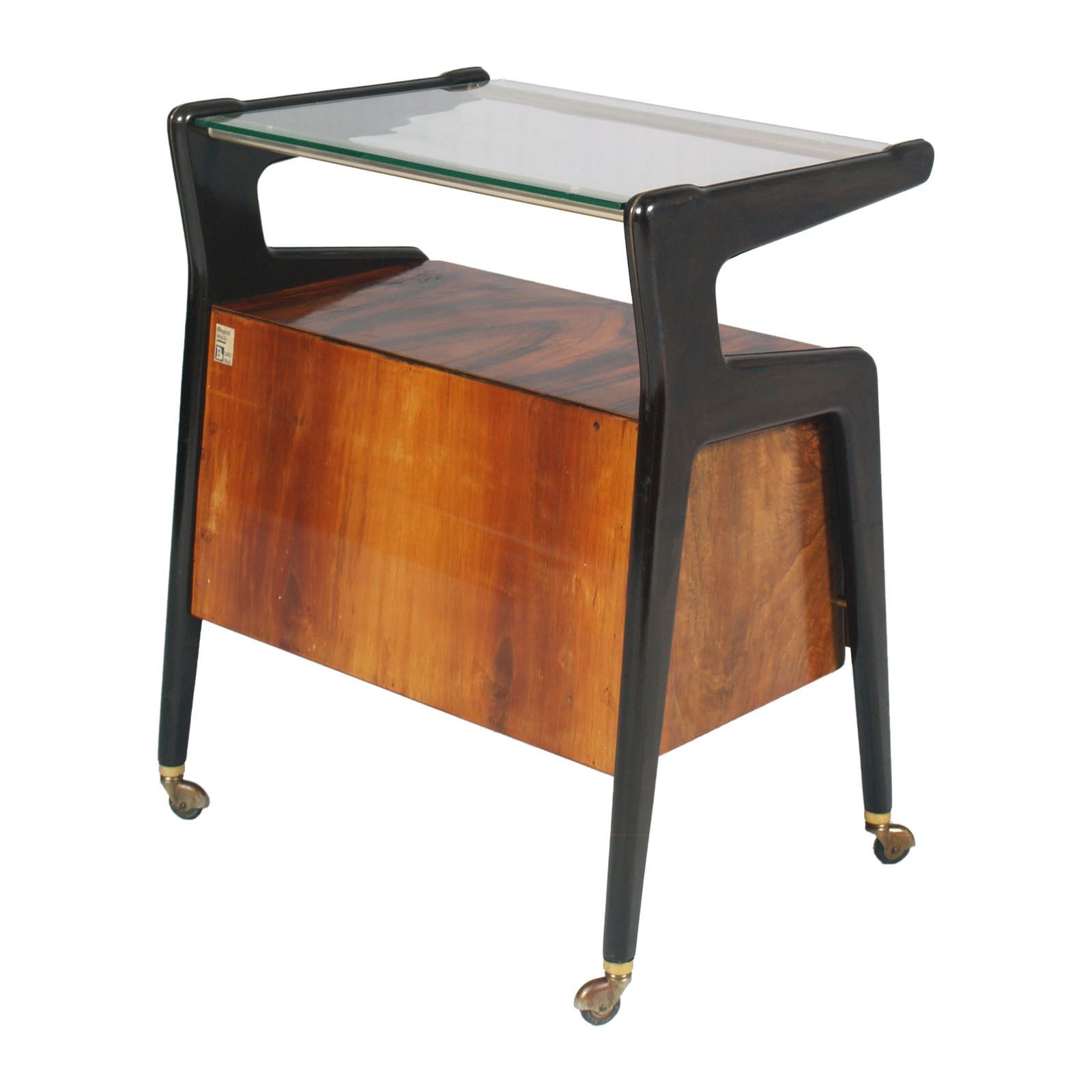 Italy 1950s Dry Bar Cart, By Cesare Lacca For Brugnoli Mobili Cantù,  Laquered Walnut & Burl Walnut photo vintage