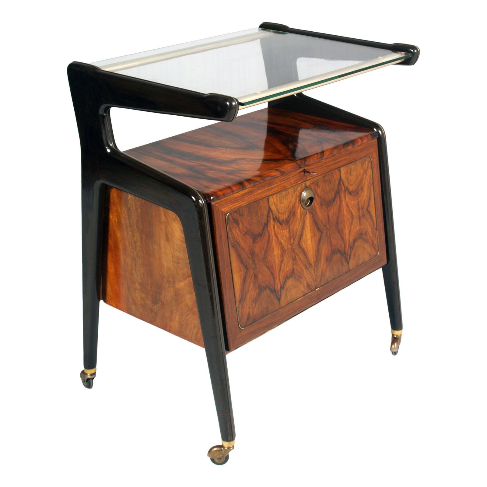 Italy 1950s Dry Bar Cart, By Cesare Lacca For Brugnoli Mobili Cantù,  Laquered Walnut & Burl Walnut