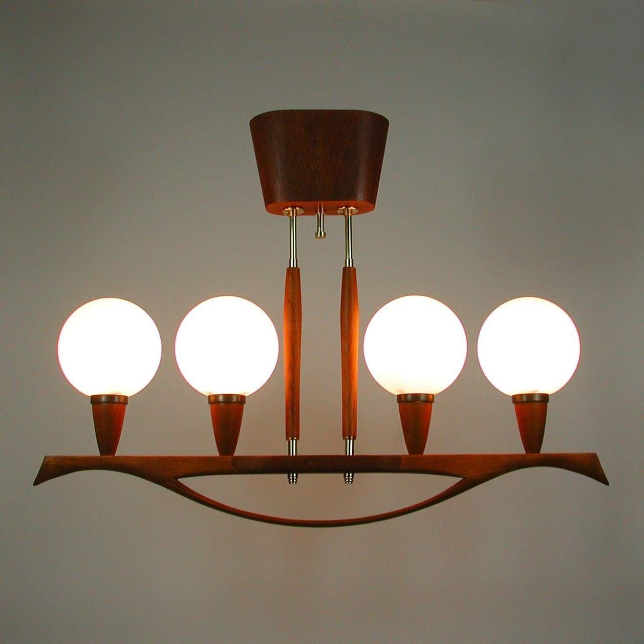 Midcentury Swedish Modern Teak And Satin Glass Chandelier, 1960s photo 1508.0