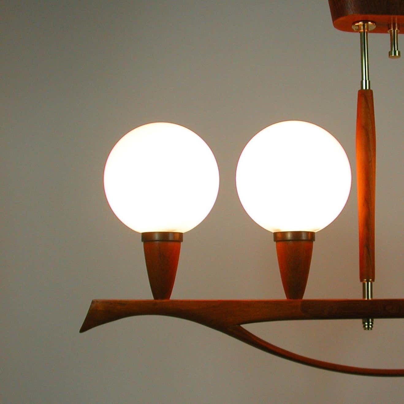 photo for sale Midcentury Swedish Modern Teak And Satin Glass Chandelier, 1960s