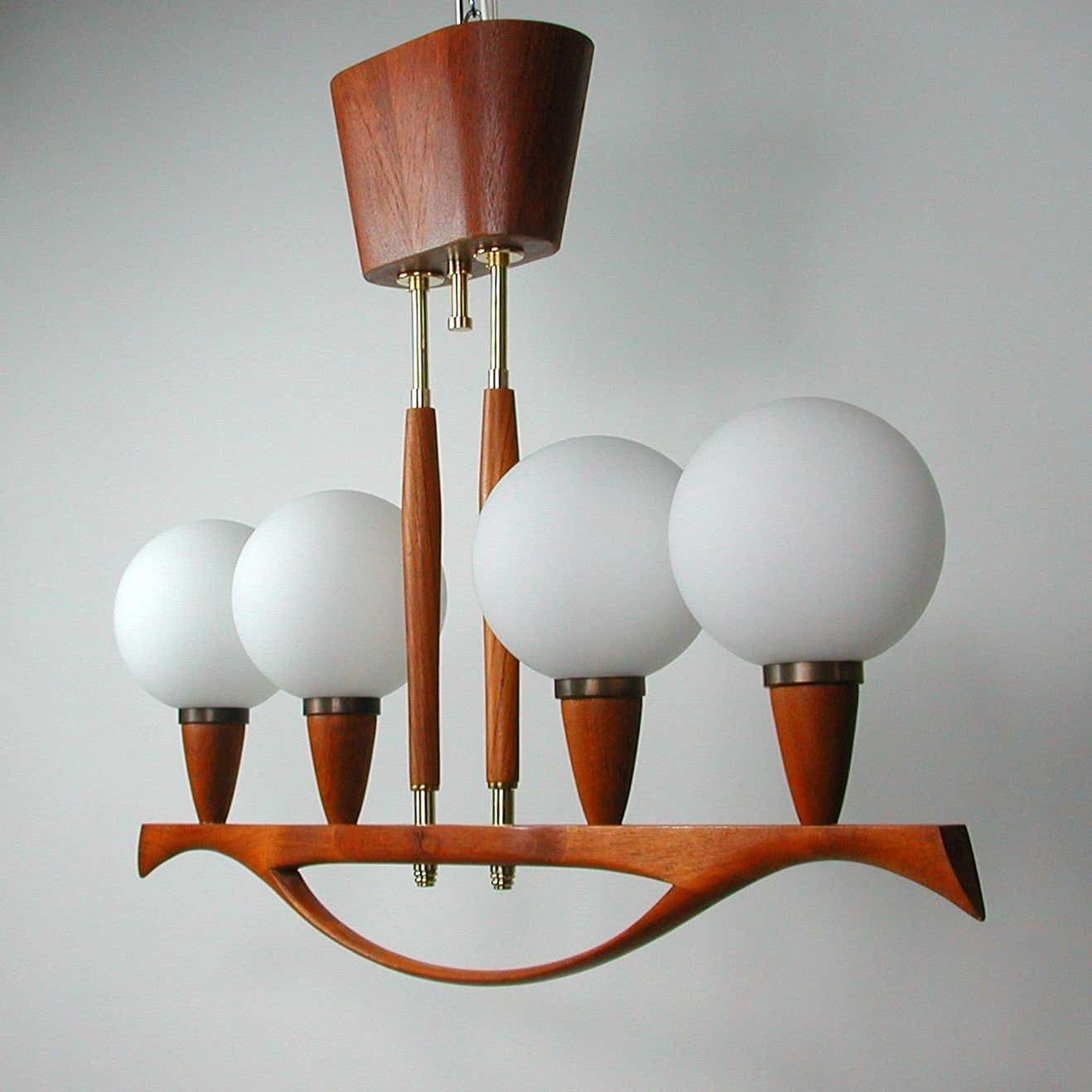 1508.0 Midcentury Swedish Modern Teak And Satin Glass Chandelier, 1960s photo