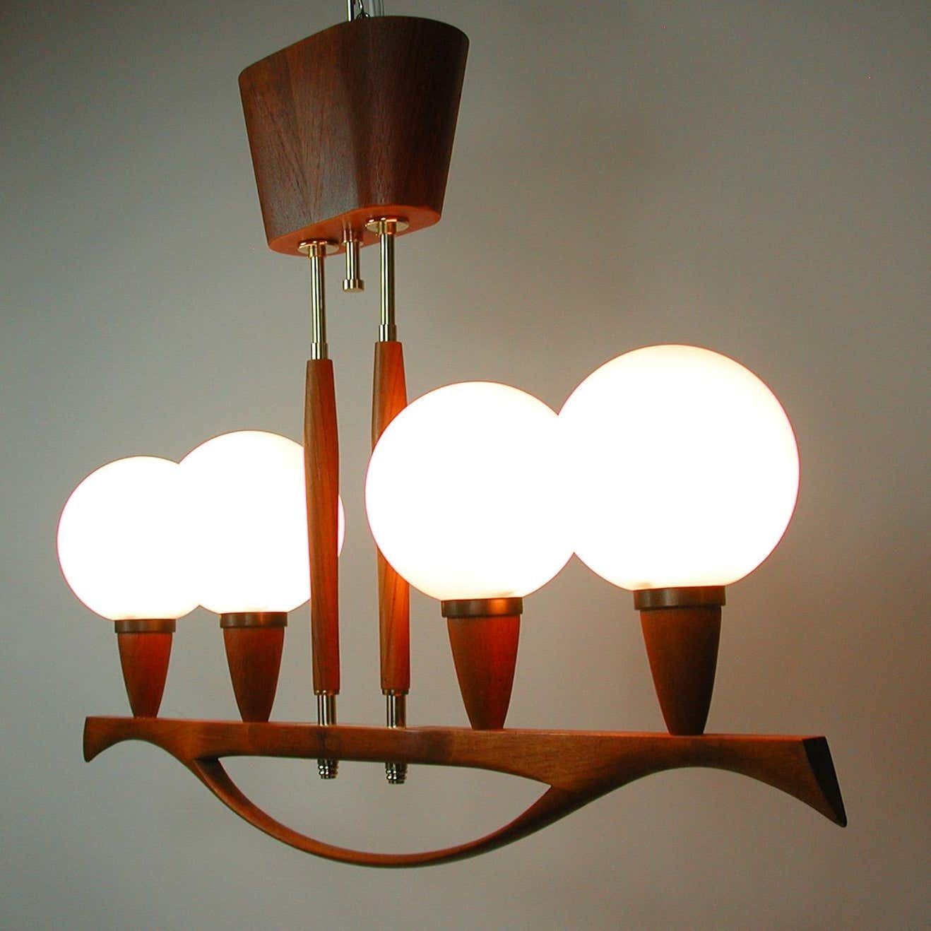 photo vinterior Midcentury Swedish Modern Teak And Satin Glass Chandelier, 1960s