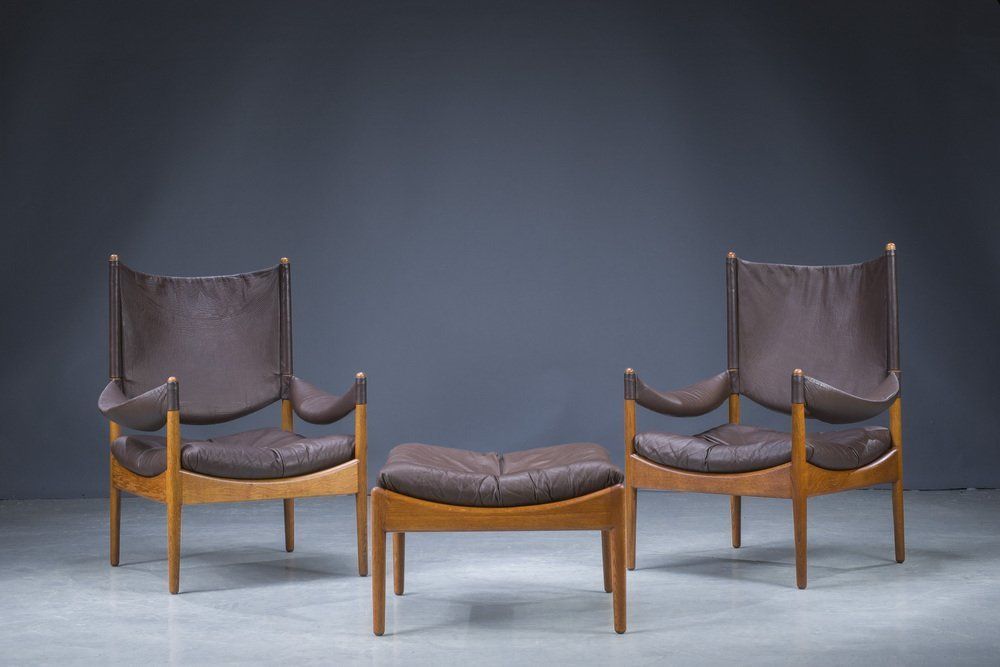 Mid Century Danish Oak & Leather Lounge Chairs & Footstools By Kristian Vedel For Søren Wiladsen, 1960s, Set Of 3 photo for sale