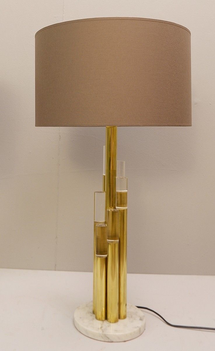 Pair Of Contemporary Brass And Glass Tube Table Lamps photo furniture