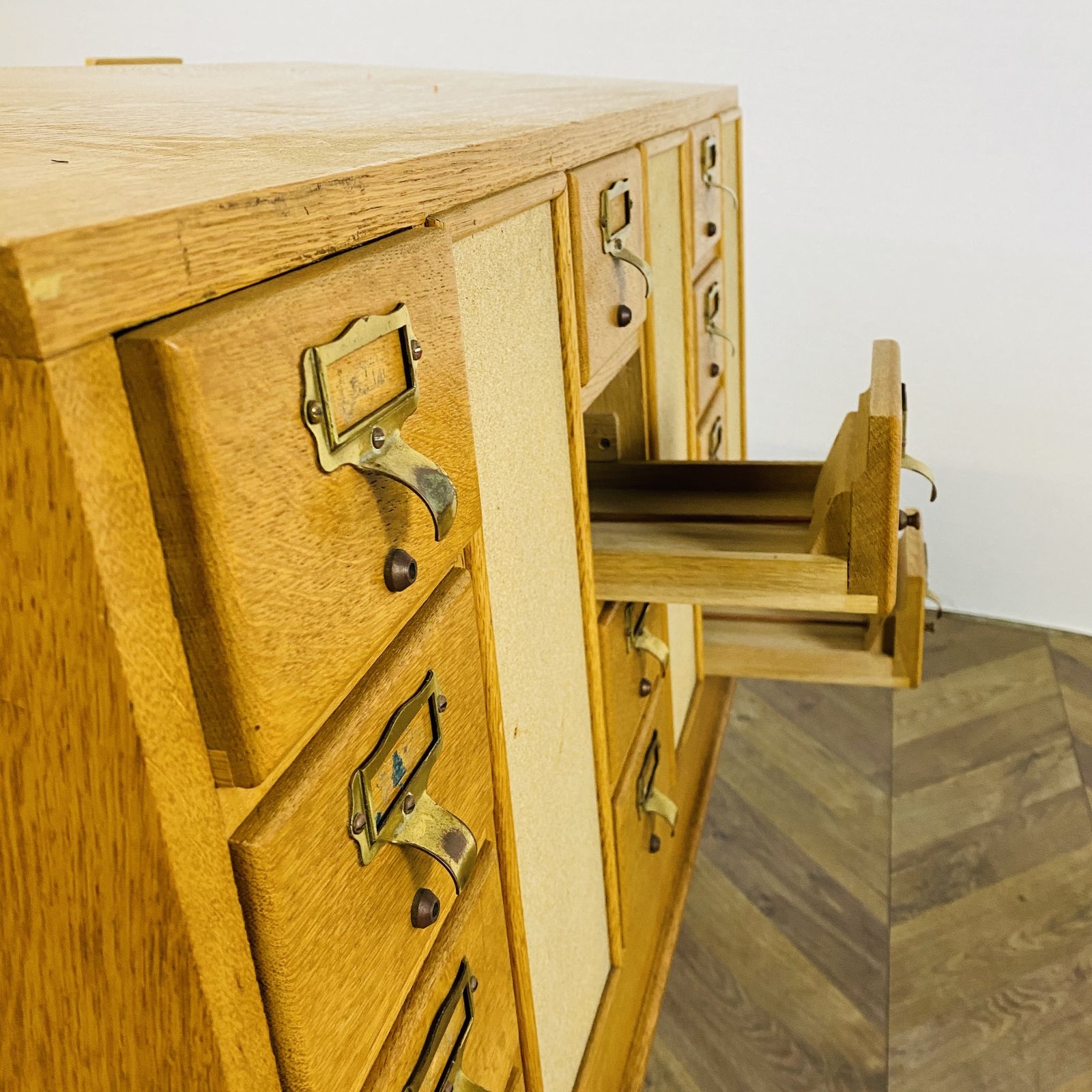 photo buy Mid Century Oak 24 Drawer Index Card Filing Cabinet, Double Sided