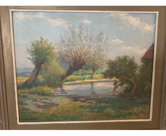 Oil On Canvas Landscape Of Countryside By M. Deschoot photo for sale