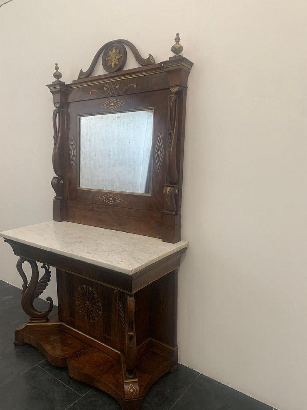 Console With Mirror In Walnut With Brass Inlays And Details, 18th Century photo Furniture