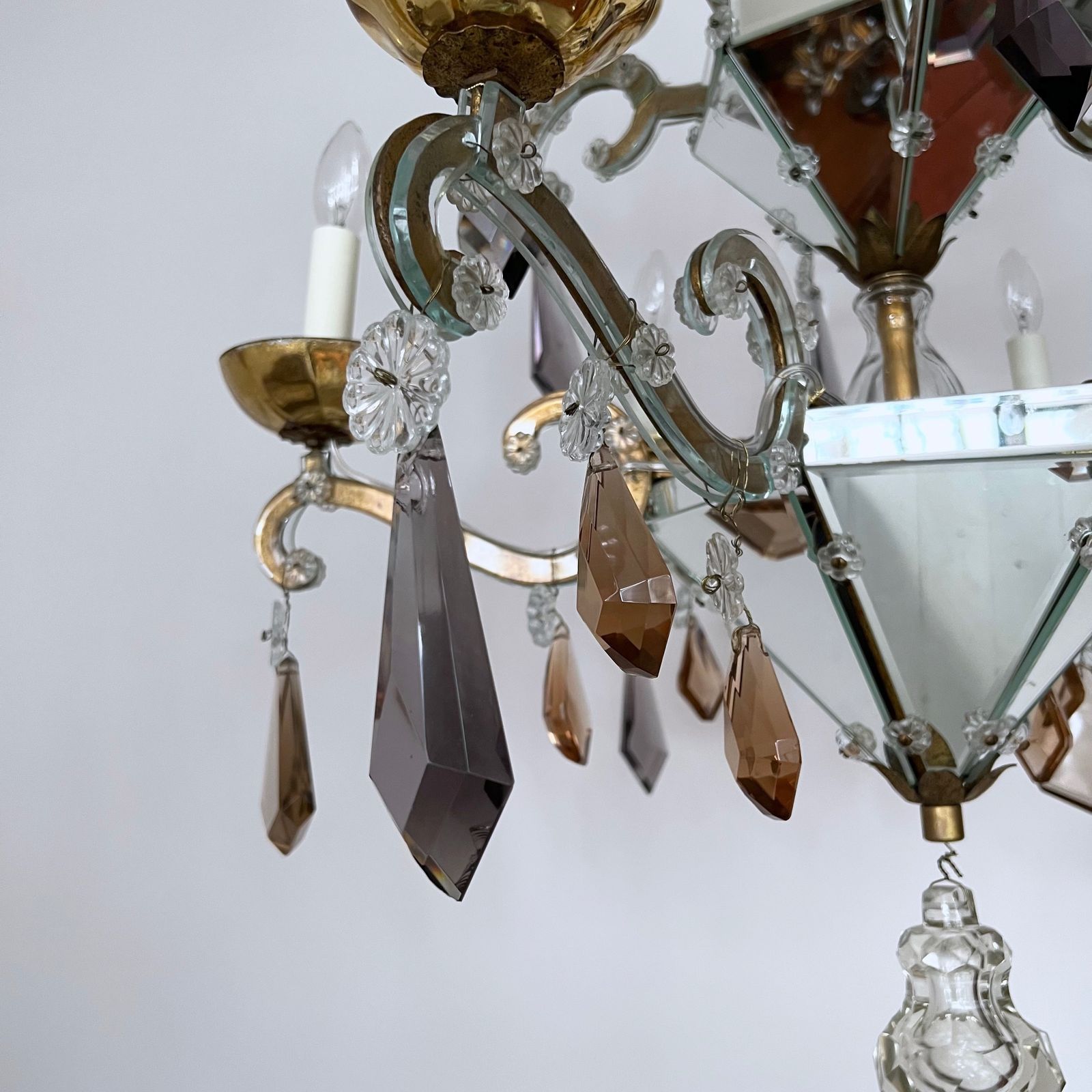 Large French Art Deco Mirrored Chandelier With Cut Crystal Drops photo vintage