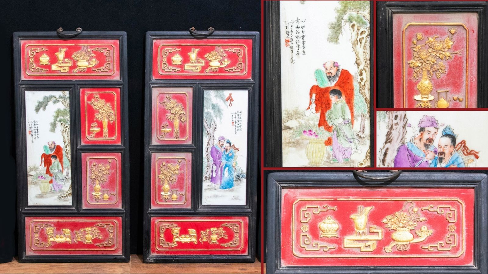 Pair Chinese Porcelain Plaques   Qianlong Hardwood Screen