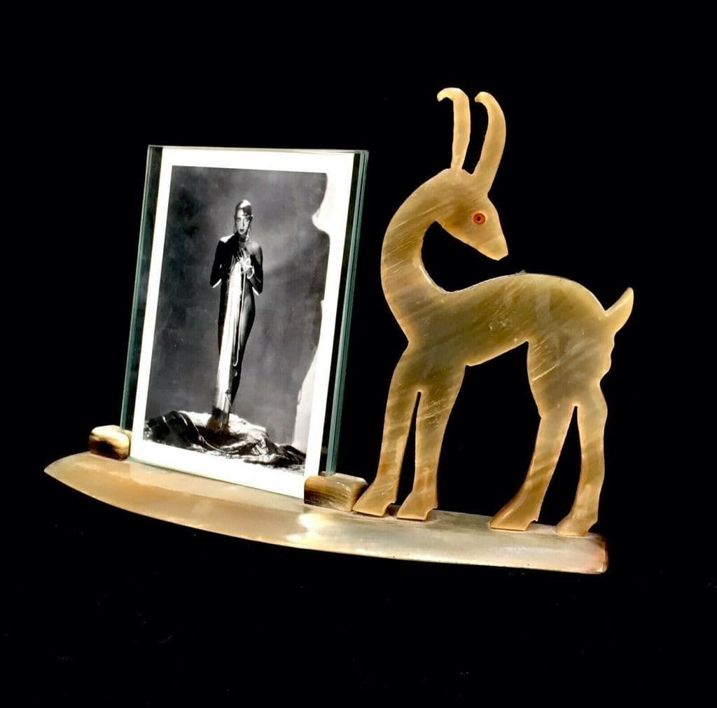 Antique Art Deco Bakelite & Glass Photograph Frame With Deer  Stag Figurine photo Home Decor