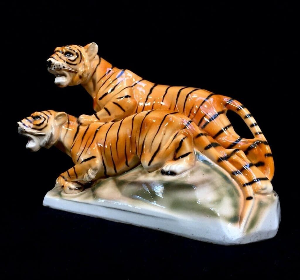 Antique German Sitzendorf Porcelain Tiger Figurine Statue Art Deco C1920 photo for sale