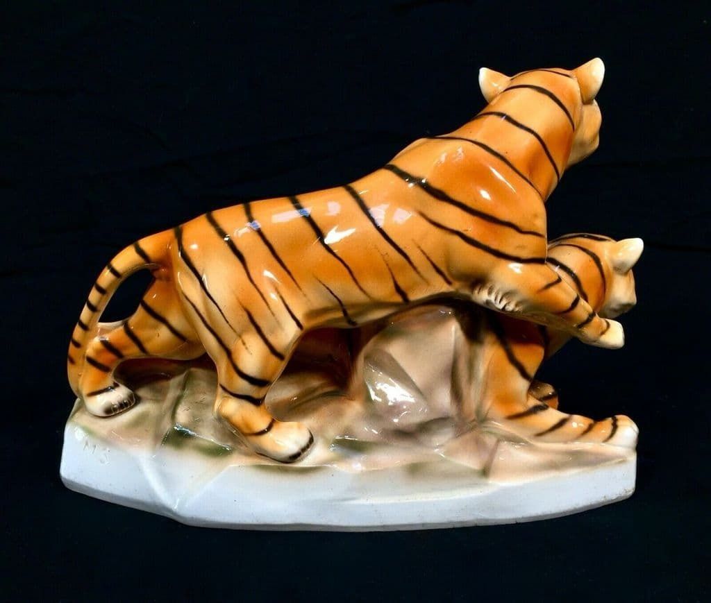 Antique German Sitzendorf Porcelain Tiger Figurine Statue Art Deco C1920 photo Art