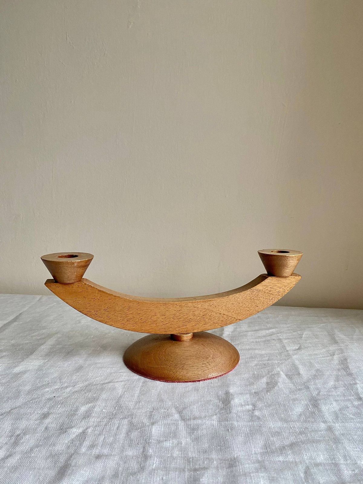 Modernist Candelabra Wooden, Mid Century Hand Crafted Original Candle Holder