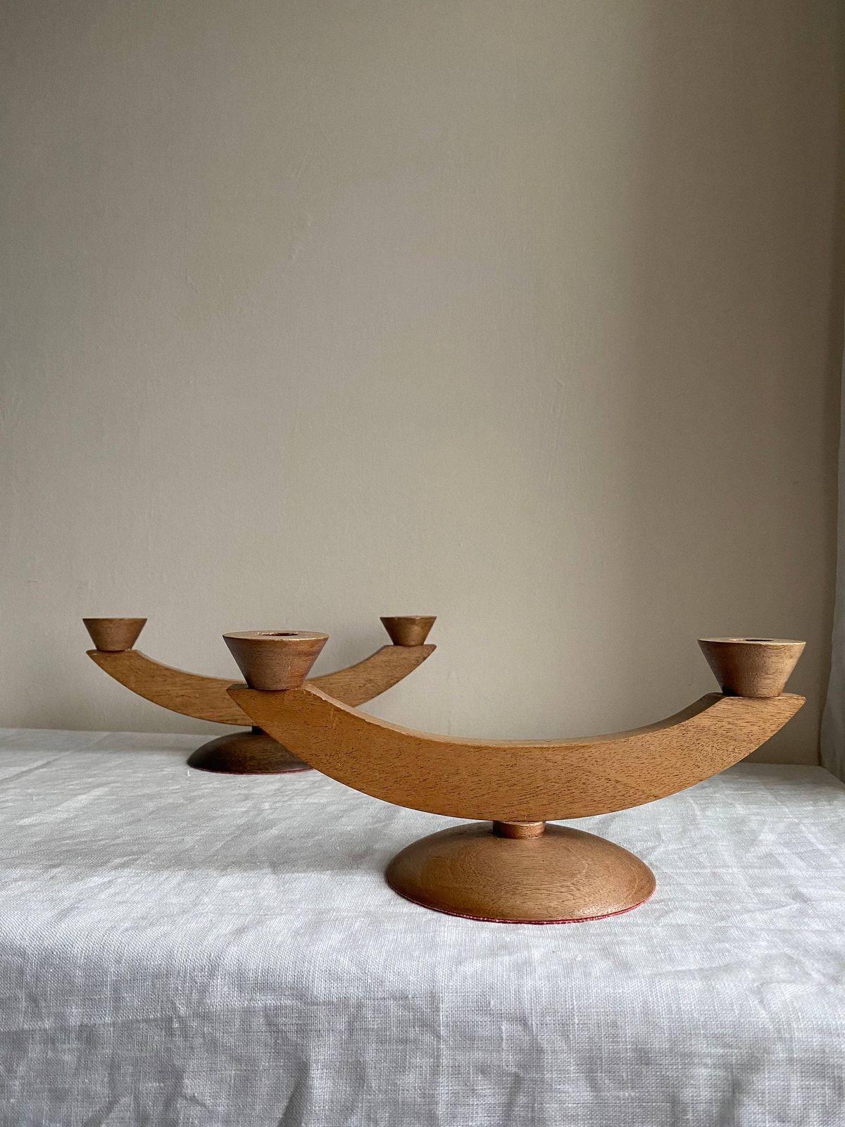 Modernist Candelabra Wooden, Mid Century Hand Crafted Original Candle Holder photo vinterior