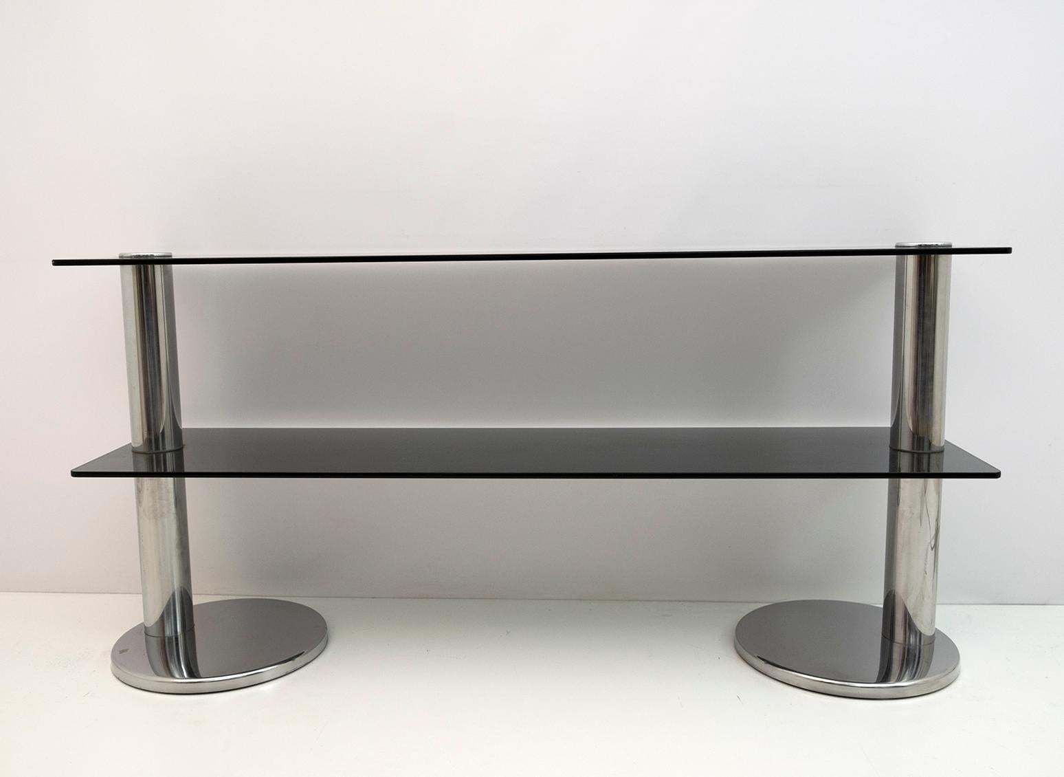 Mid Century Modern Italian Chromed Steel And Smoked Glass Console, 1970s photo for sale