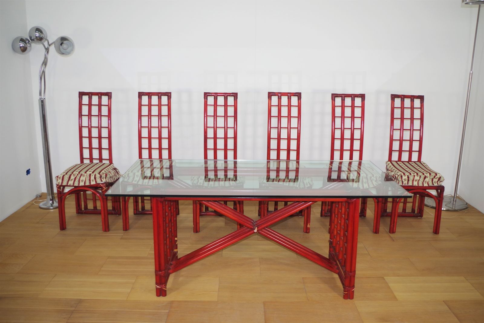 Red Bamboo Table And Chairs Set By Arturo Pozzoli, 80s photo for sale
